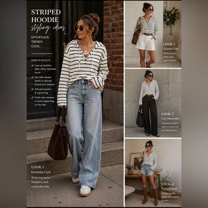 Striped Lace-Up Hoodie Top in White and Black - Women's Casual Pullover